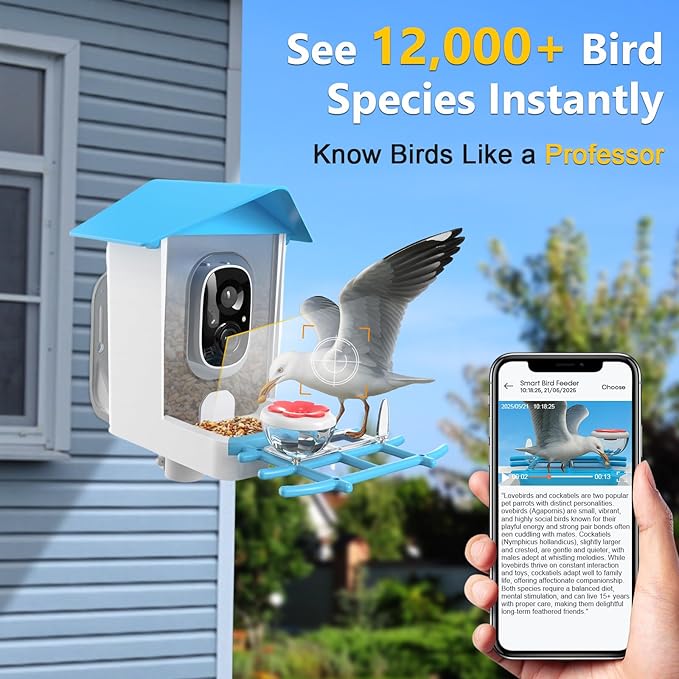 Smart Bird Feeder with Camera - 2K Live Stream, AI Species Recognition, Solar-Powered, Motion Alerts, Squirrel-Proof Weight-Sensor + Large Capacity, Weatherproof Design, Gift for Birds Lover