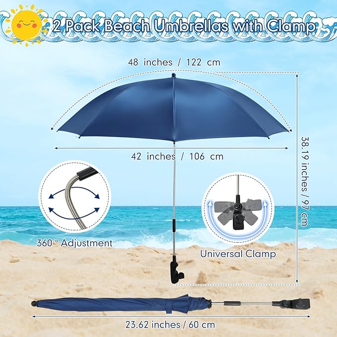 2 Pcs Beach Umbrella with Clamp UV Protection 48 Inch Adjustable Umbrellas for Chair with 360° Universal Clamps for Beach Camping Stroller Wheelchair, Chair Not Included(Deep Blue)