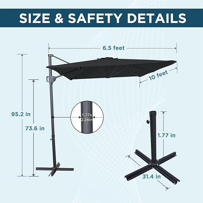 10FT Offset Patio Umbrella, Cantilever Hanging Umbrella with Infinite Tilt, Fade-Resistant Water-Repellent Canopy & Cross Base for Yard, Garden & Deck