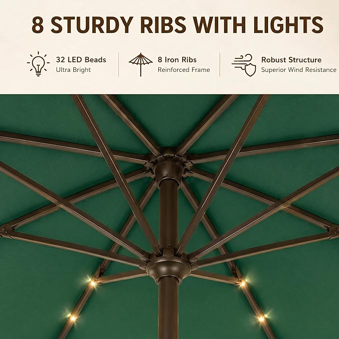 11FT Solar Lighted Patio Umbrella, Outdoor Table Market Umbrellas with Crank Lift, 32 LED Lights, 8 Sturdy Ribs, UV-Resistant for Deck, Garden, Pool