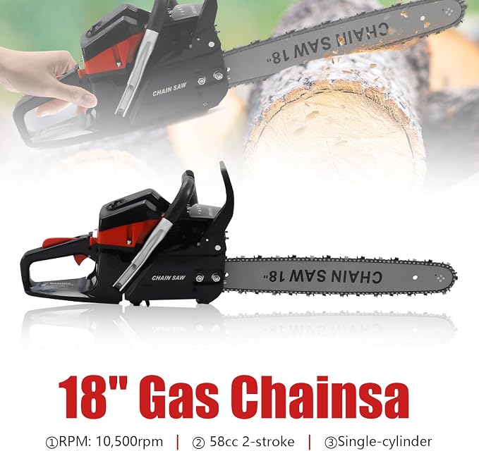 18 inch Gas Powered Chainsaw, 58CC Gasoline Chain Saw, 2-Cycle Gas Powered Chain Saws, Handheld Chainsaws for Trees, Wood Farm, Home Garden Cutting