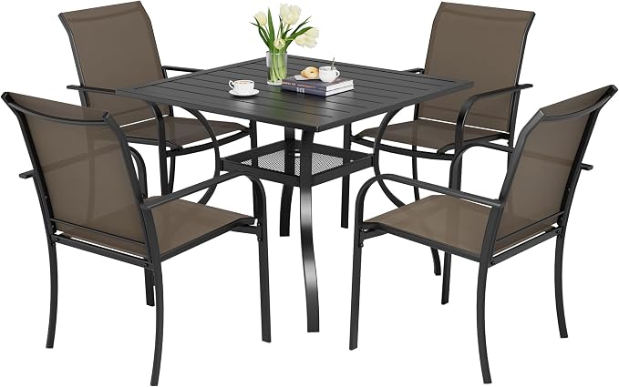 Incbruce 5 Pieces Patio Dining Set, Outdoor Dining Set of 4 Textilene Chairs and Square Table with Umbrella Hole for Backyard, Garden, and Poolside (Brown)