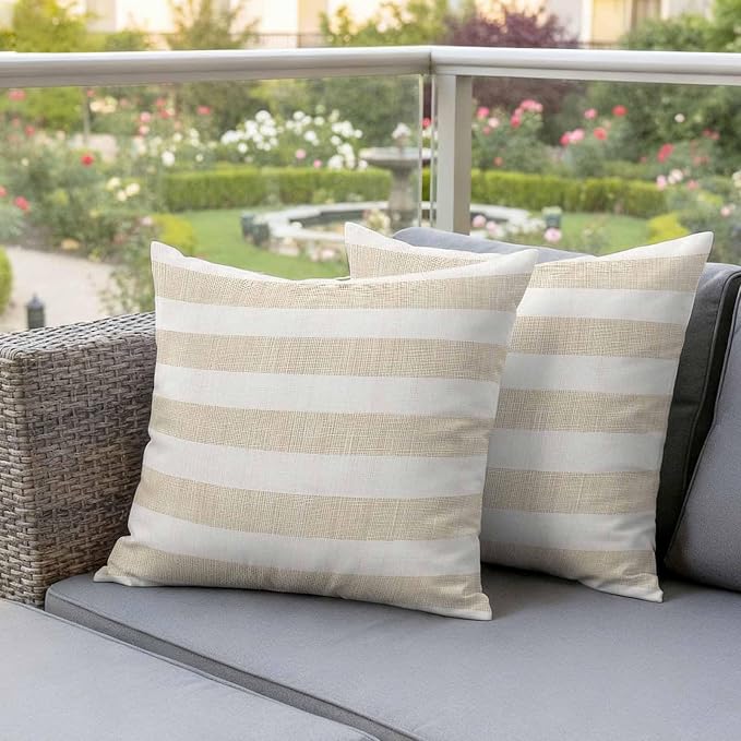 Waterproof Pillow Covers Set of 2,Vintage Yellow Stripe on Linen Outdoor Pillow Protectors with Zipper Pillowcases for Patio Tent Garden Beach 16x16 Inches Farmhouse Line