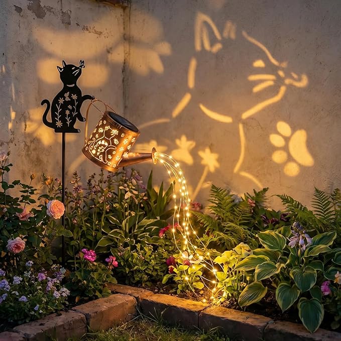 Solar Watering Can with Lights, Featuring Metal Cat Silhouette Garden Ornament Festive Gift for Women, Waterproof Outdoor Decor for Backyard Paths and Lawn