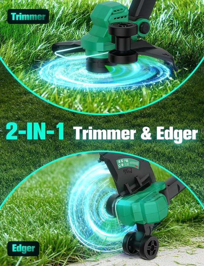 KIMO Cordless Weed Wacker Battery Operated w/ 2 x 2.0Ah Batteries, 12" Weed Eater w/Auto Line Feed, 4 Line Spools & 6 Blades, 2-in-1 String Trimmer & Edger with Wheel, 20V Grass Trimmer for Lawn Yard
