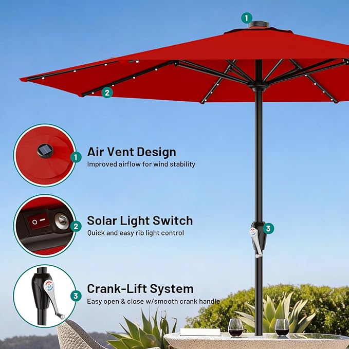 AreShark 12FT Large Patio Umbrella with Solar Lights, Solar Powered Outdoor Umbrella with Crank, Patio Table Market Umbrellas for Garden, Deck, Backyard, Pool and Beach, Red