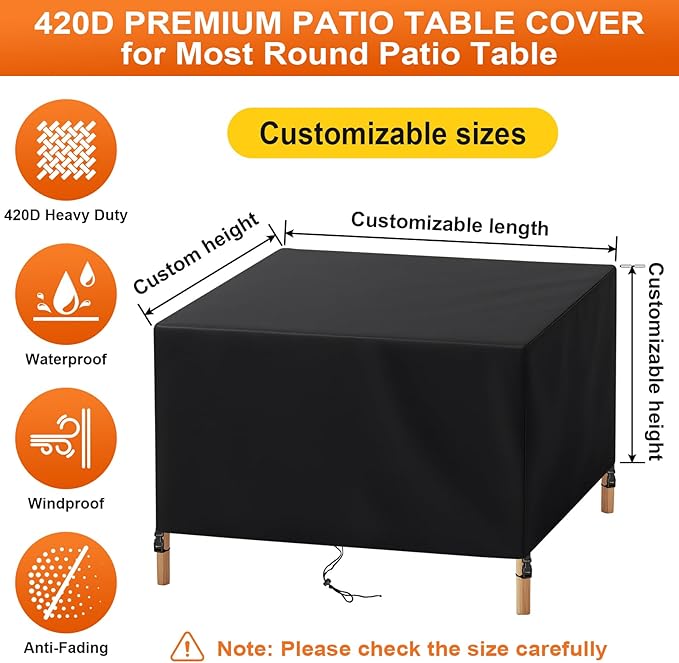 Patio Furniture Cover Rectangle 108"(L) x 82"(W) x 28"(H), Custom Heavy Duty 420D Waterproof Outdoor Cover with Drawstring & Buckles for Table Chair Garden, Black