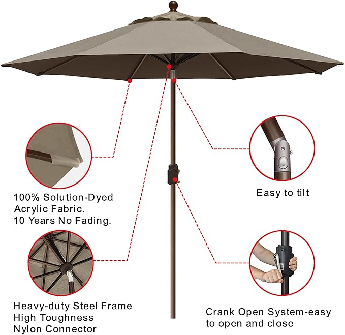 EliteShade USA 10-Year-Non-Fading 9Ft Market Patio Umbrella, UPF 50+ UV Protection Performance Sun Umbrella, Heavy Duty Commercial Grade Outdoor Table Umbrella with Crank & Tilt, Windproof Vented Top for Garden, Pool, Deck and Outdoor Playsets, Taupe