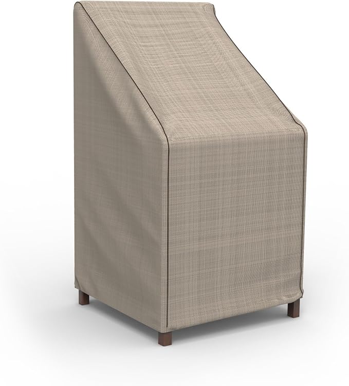 Budge English Garden Patio Stack Chairs & Barstool Cover, Waterproof & UV-Resistant Outdoor Furniture Cover, Fits Stacked Chairs up to 28" W x 27" D x 49" H, Tan Tweed