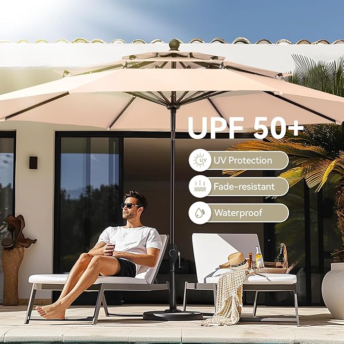 GREEN PARTY 10ft Outdoor Patio Umbrella, [Auto-Tilting] 3 Tiers Market Table Umbrellas with 1.5" Pole, 8 Sturdy Ribs, 3-Year-Non-Fading for Garden Deck Pool Backyard, Beige