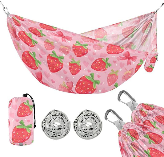 Camping Hammock Outdoor Hammocks for Outside Strawberry Bows Beach Trees Portable Lightweight with Pockets Tree Straps Indoor Small
