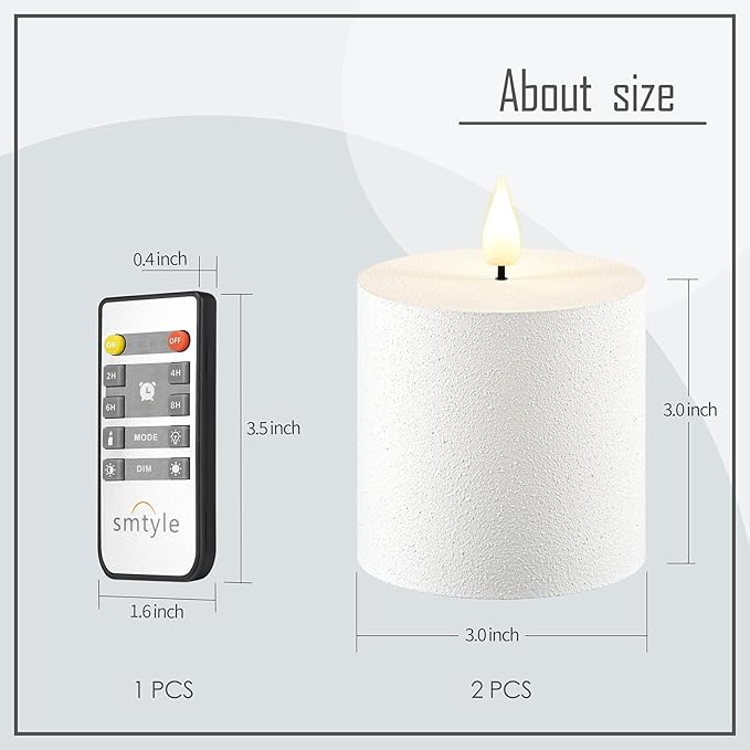 smtyle Vintage White Flickering Flameless Plastic Pillar Candles 3"x3" Set of 2 Battery Operated with Timer Electric Wedding LED Candles for Tables Bathroom Decor