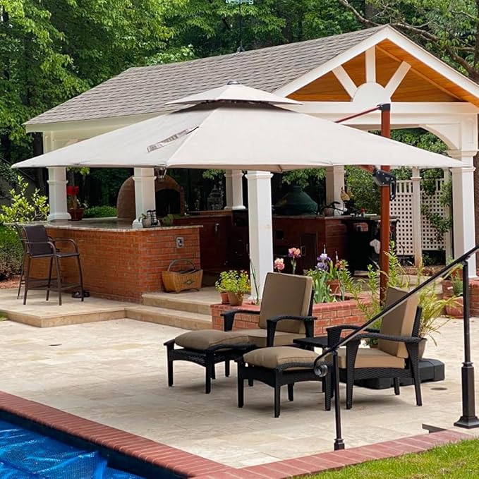 PURPLE LEAF 10' X 10' Patio Large Cantilever Umbrella Outdoor Double Top Deluxe Square Wood Pattern Umbrellas Offset Umbrella Heavy Duty Sun Umbrellas for Garden Deck Pool, Heather Beige