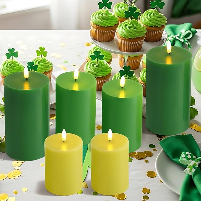 6 Pcs St Patrick s Day Flameless Candles LED Flameless Pillar Candles Wax LED Fake Candle with Remote and Timer Flickering H 4 5 6 for Wedding Party Holiday Party Decor