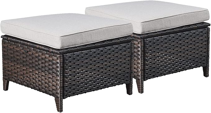 Rilyson Outdoor Ottoman Wicker Patio Ottomans - 2 Piece Footrest Footstools Set Rattan Outdoor Ottomans for Patio with Thick Cushions(Brown/Beige)