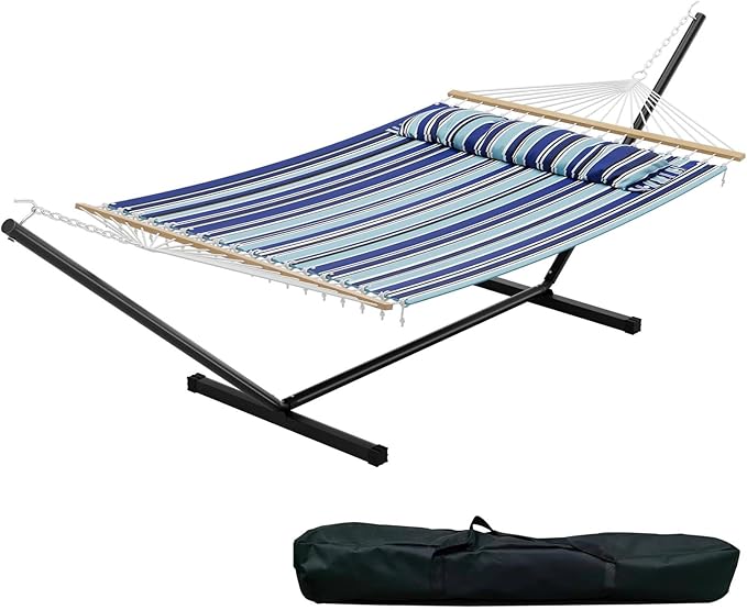 Large Double Portable Hammock with Stand, 2 Person Hammock with Hardwood Spreader Bar & Extra Large Pillow, Blue Stripes