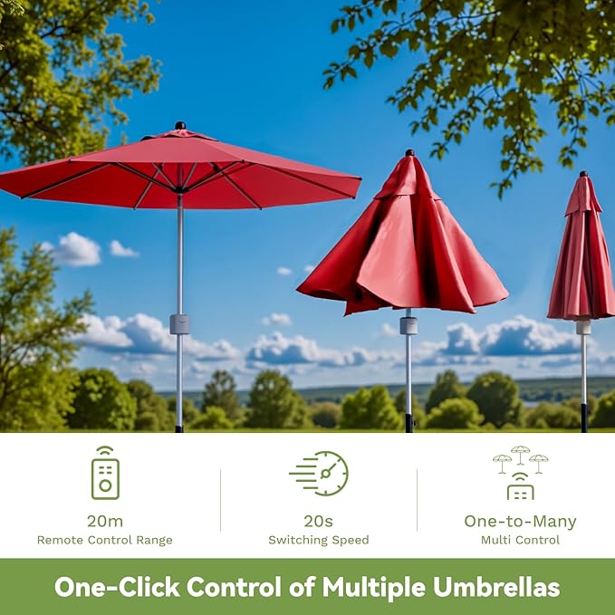 Patiowell 9 FT Motorized Patio Umbrella with Base Included, Outdoor Umbrella with Base, Detachable Power Bank Hands-Free Automation, Aluminum Frame for Backyard, Poolside, Outdoor Dining, Burgundy Red