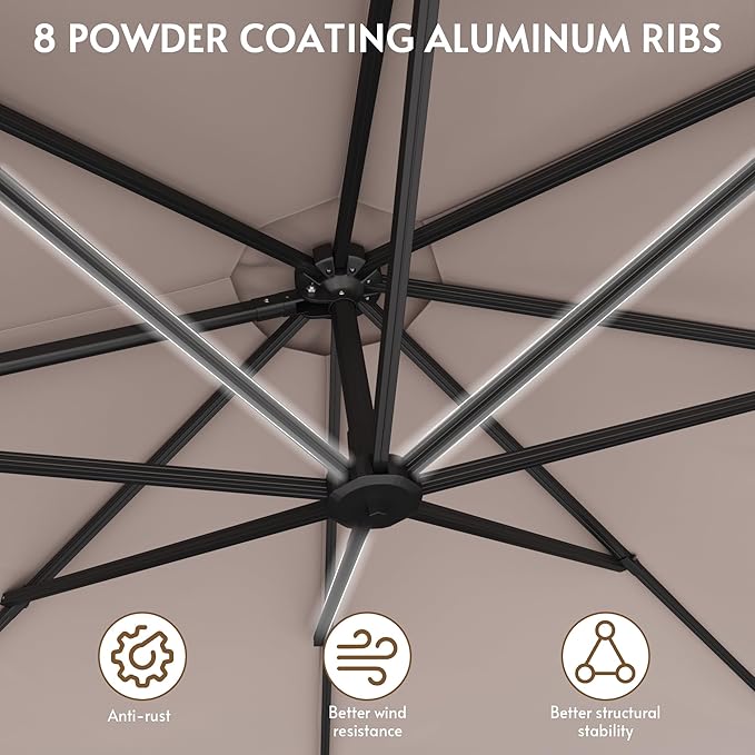 11FT Solar Powered LED Light Cantilever Patio Umbrella with Base Included, Large Cantilever Umbrella with 360°Rotation, Heavy-Duty Offset Outdoor Umbrella for Patio,Pool,Backyard (Champagne)