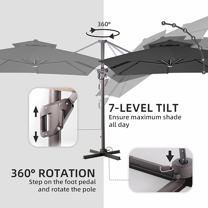 9 X 12 FT Cantilever Outdoor Patio Umbrella with LED Lights Large Heavy Duty 360° Rotation Double Top Offset Rectangular Umbrellas for Backyard Garden Pool Outside Deck, Grey
