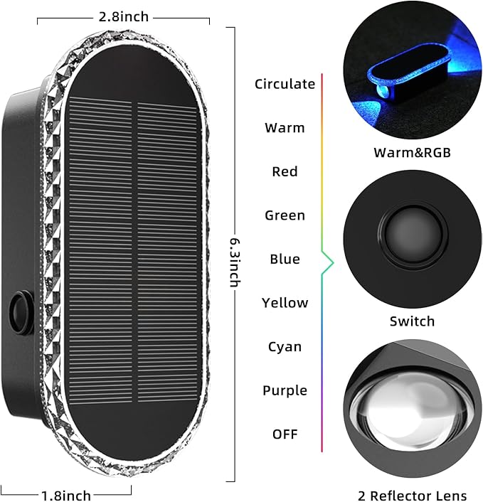 Herzila Solar Fence Lights - RGB & Warm White, LED Christmas Solar Lights Outdoor Waterproof 8 Colors,2 Lens Top and Bottom Lighting for Outdoor/Patio/Wall/Fence Pack of 2