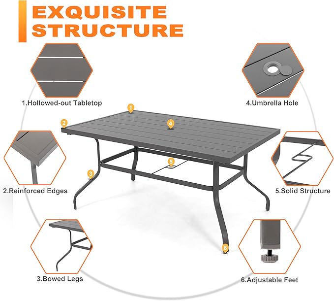 NUU GARDEN Outdoor Patio Dining Set 7 Piece Furniture Set Including 61"x37" Rectangular Outdoor Metal Patio Dining Table and 6 Gray Textilene Chairs for Garden, Patio and Poolside Backyards