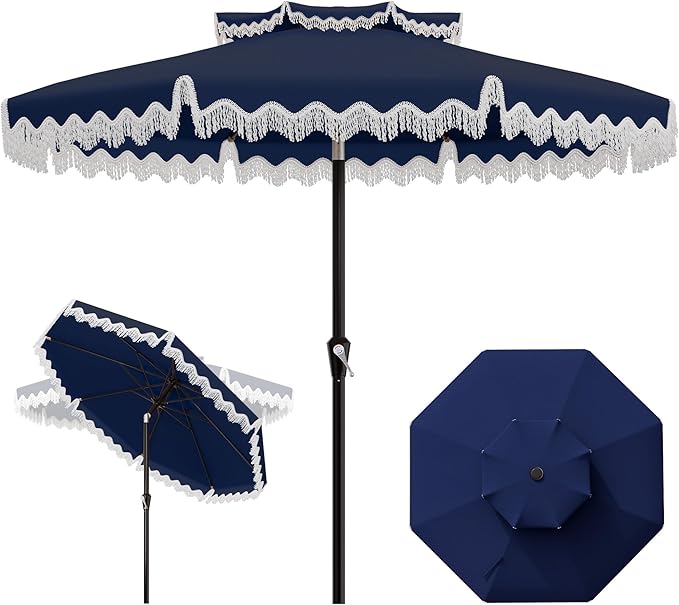 AreShark 9FT Patio Umbrella with Fringe, Wind-Resistant Fiberglass 8 Ribs Tassel Outdoor Umbrella with Crank and Push Button Tilt, Double Tier Vent Sun Shade for Pool, Deck, Backyard, Navy