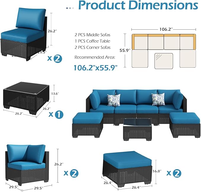 U-MAX 7 Piece Outdoor Patio Furniture Set, PE Rattan Outdoor Wicker Sectional Furniture Chair Set with Cushions and Tea Table, Black Rattan and Peacock Blue Cushion
