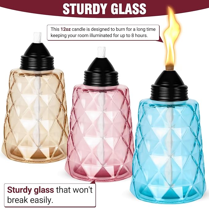4-Pack Glass Tabletop Torches Outdoor, 12 oz Citronella Torches Canisters with Wick & Cap, for Patio, Backyard, Garden, Parties, Outside Deck (Multicolor)
