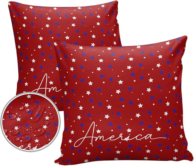 Pentagram Outdoor Pillow Shams Set of 2, Decorative Pillowcases Cushion Case, Soft Throw Pillow Covers Waterproof Pillow Case 24x24 Inch, American Patriotic Stars Red Blue
