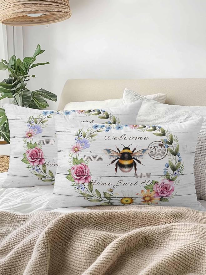 Outdoor Waterproof Throw Pillows Rustic Bee Flower Wreath Patio Pillows,Decorative Pillow Covers with Insert,Pillow Cushion Case for Garden Couch Sofa Farmhouse White Wood Board