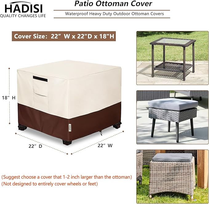 Patio Ottoman Cover Waterproof Square Outdoor Small Side Table Covers,22" W x 22" D x 18" H,Outdoor Rectangular Waterproof Table Cover(Beige)