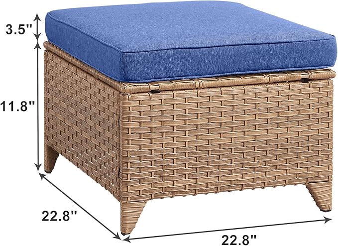 Rilyson Outdoor Ottoman Wicker Patio Ottomans - 2 Piece Footrest Footstools Set Rattan Outdoor Ottomans for Patio with Thick Cushions(Yellow/Blue)