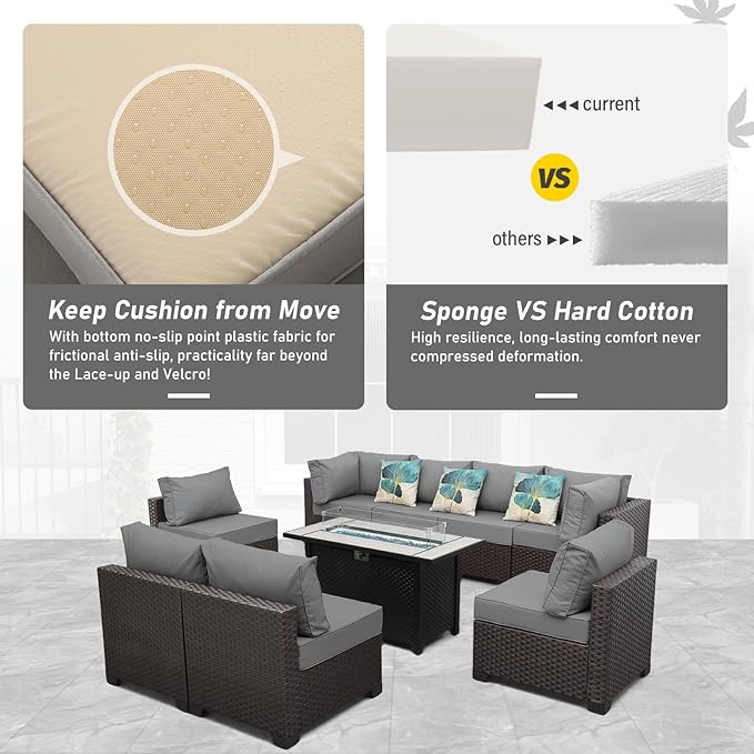 9 Pieces Wicker Patio Furniture Set Outdoor PE Rattan Sectional Conversation Sofa Set with Grey Cushions and 45 Gas fire Pit Table