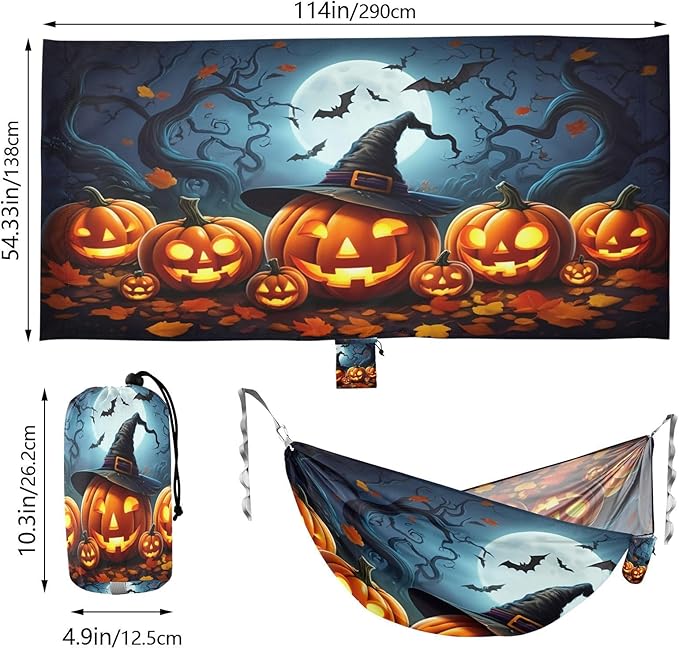 Hammocks for Outside Glowing Carved Jack-o-Lanterns Camping Hammock Portable Hammocks with Tree Straps and Carry Bag Camping Accessories for Hiking Beach Outdoor