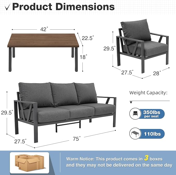 Outdoor Patio Furniture Set, 4 Pieces Metal Patio Furniture Set with Coffee Table, Modern Outdoor Patio Conversation Seating Set with 6” Thick Cushions, Dark Grey