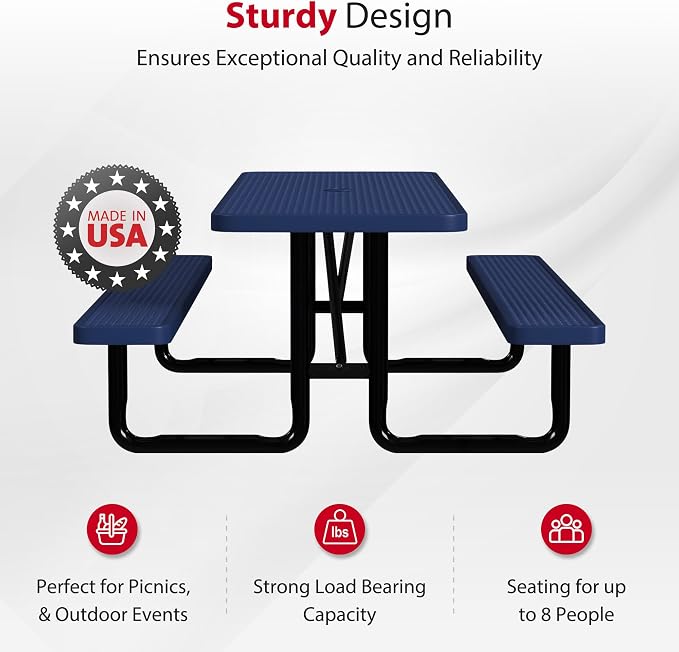 Leisure Craft Metal Picnic Table with Bench - 8 ft Rectangle Outdoor Dining Table for 8, Umbrella Hole, Weatherproof Heavy Duty Thermoplastic Coating, Commercial Grade Furniture Made in USA - Navy
