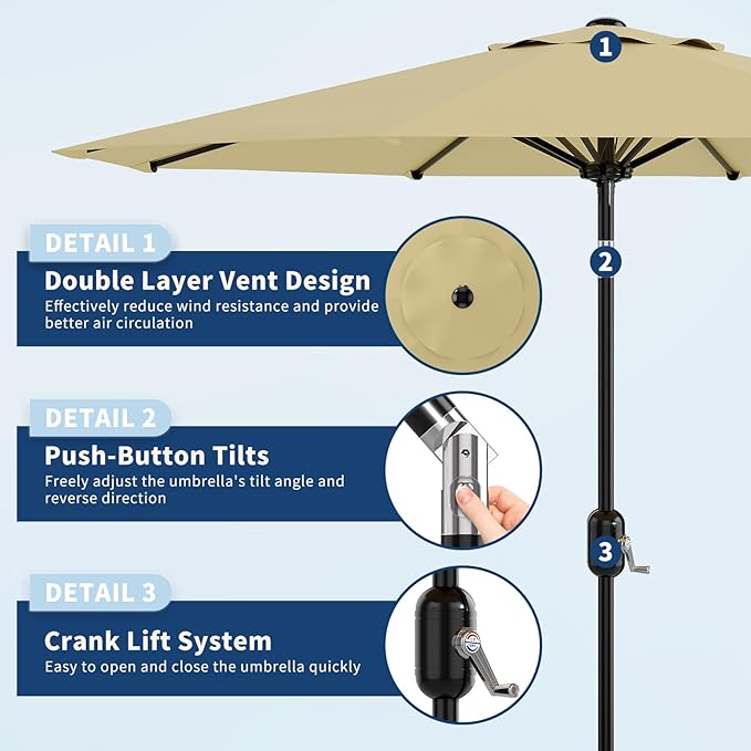 10Ft Patio Umbrella - 8 Sturdy Ribs Outdoor Table Umbrella with Crank Lift & Push Button Tilt - Market Umbrella for Pool, Deck, Yard, Garden - Turquoise