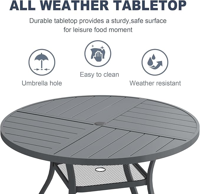 VICLLAX 5 Pieces Patio Outdoor Dining Set, 4 Swivel Textilene Chairs and 47.2" Round Metal Table with Umbrella Hole for Porch, Deck, Garden, Dark Gery/Grey