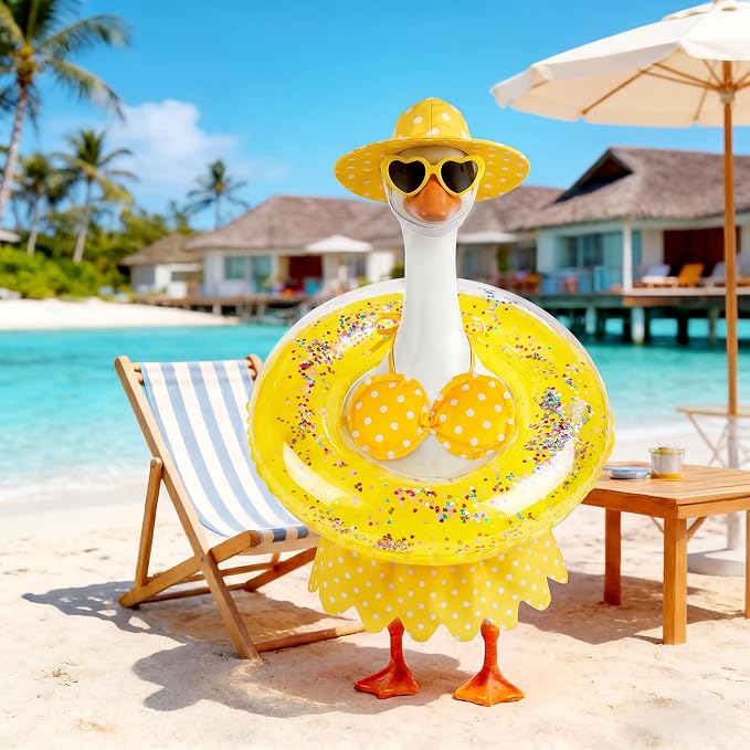 hoyuwak Bikini Goose Outfits Summer Hawaiian Porch Goose Outfits with Swimming Ring Sunglasses Hat for 23" Geese Yard Decor