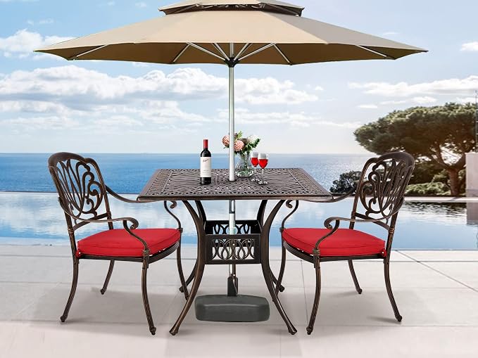 Grepatio 2 Piece Outdoor Cast Aluminum Dining Chairs, Patio Bistro Chair Set of 2, Modern Patterned Back Metal Chairs with Cushion, Antique Bronze (Red)