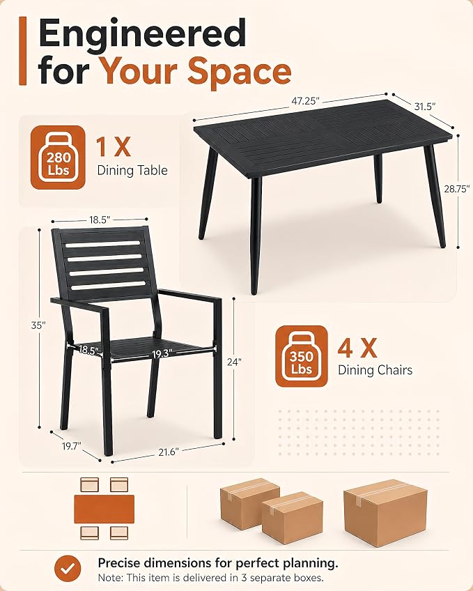 5 Piece Outdoor Dining Set All Weather Patio Dining Set with HDPE Wood-Like Tabletop, Rustproof Metal Outdoor Table and Chairs with 4 Stackable Chairs for Garden Backyard, Black