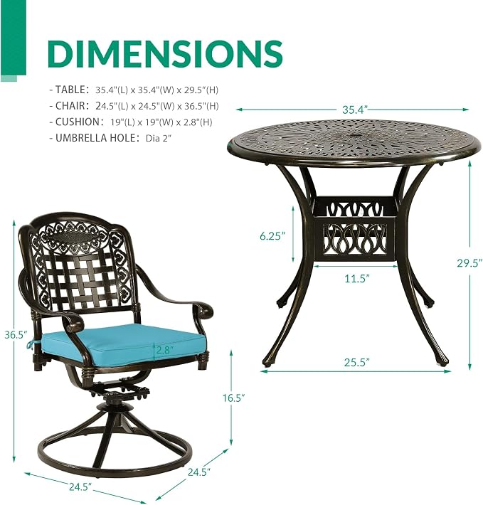VIVIJASON 5-Piece Outdoor Patio Dining Set, All-Weather Cast Aluminum Conversation Set, Patio Furniture Set, Include 4 Swivel Cushioned Chairs, 1 Round Table w/Umbrella Hole, Ocean Blue Cushion