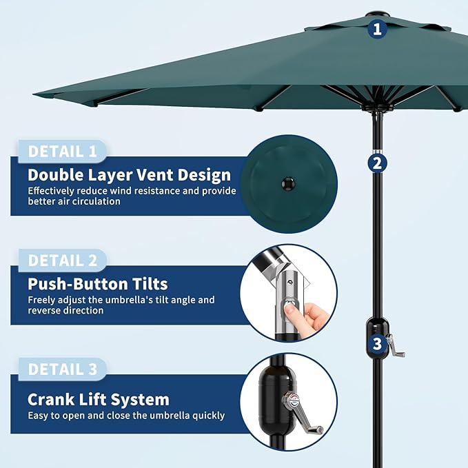 CABIHOME 10 ft Outdoor Patio Umbrella, Outdoor Table Umbrella with 8 Sturdy Ribs | Crank Lift & Push Button Tilt, Yard Umbrella, Market Umbrella for Garden Pool Deck Yard