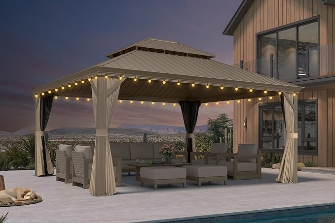 PURPLE LEAF Outdoor Gazebo 14'X16'，Champagne Hardtop Gazebo with Galvanized Steel Double Roof, Permanent Patio Gazebo with Curtains and Netting for Patio Lawn Garden and Deck