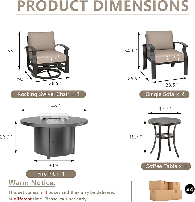 ALAULM Aluminum Patio Furniture Set with 40,000 BTU Round Propane Fire Pit Table 4-seat Metal Outdoor Furniture w/Swivel & Rocking Conversation Set for Patio, Lawn, Poolside（Sand