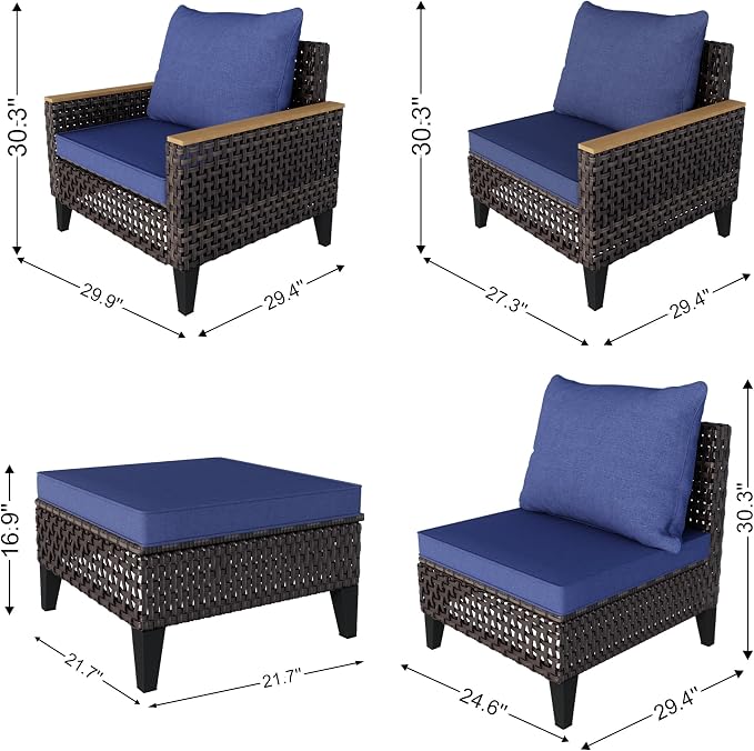 14-Piece Outdoor Patio Furniture Set, Wicker Conversation Set with Armchairs and Ottomans, Rattan Sectional Modular Sofa Couches for Porch, Poolside, Deck, Balcony, Backyard, Yard (Blue Cushions)