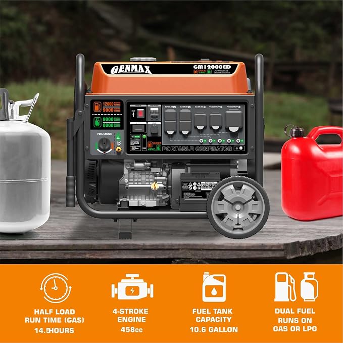 GENMAX Dual Fuel Portable Generator，GM12000ED Gas or Propane Powered Electric Start-Home Back Up, EPA Compliant