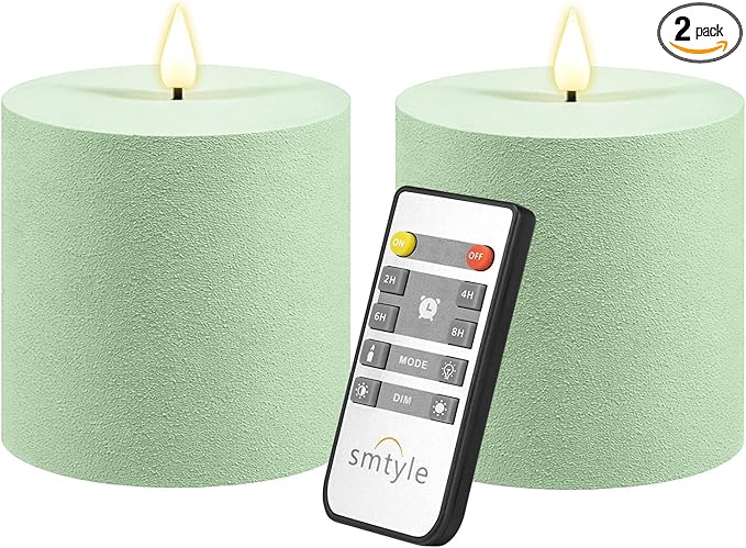 smtyle Sage Green 4x4 Inch LED Pillar Sculptural Textured Finish Frosted Plastic Realistic Flickering Flameless Battery Operated Fake Candles Set of 2 for Coffee Table, Yoga, Meditation, Spa