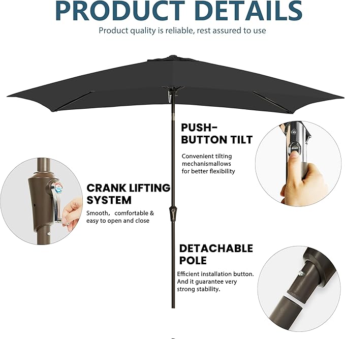 6.5x10FT Rectangular Patio Umbrella with Push Button Tilt & Crank Lift for Garden,UV Protection Outdoor Umbrella for Deck,Pool and Yard,Black