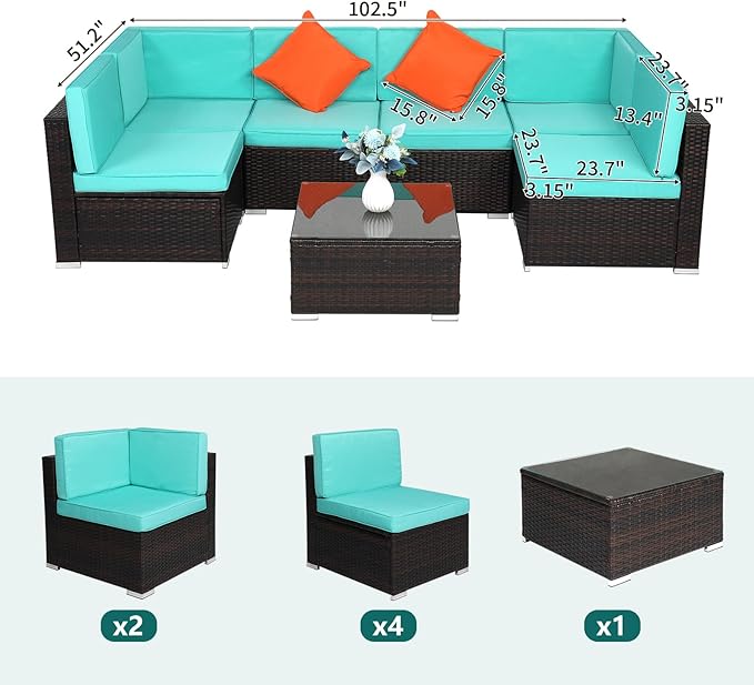 7 Pieces Large Wicker Patio Furniture Set, Rattan Outdoor Sectional Sofa Set, Patio Conversation Set for Garden, Sectional Outdoor Furniture, Outdoor Sofa,Sectional Couch with Coffee Table